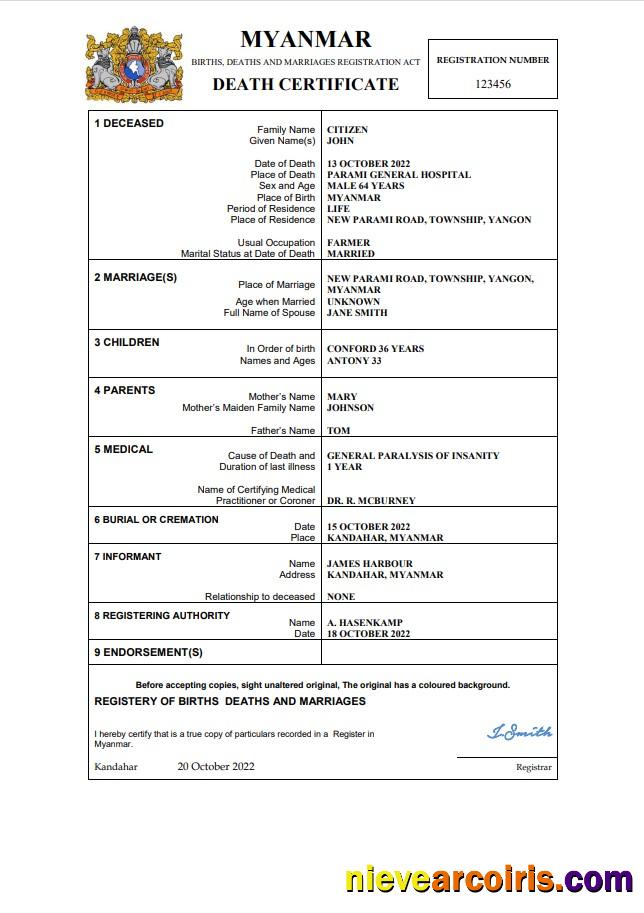 Myanmar death certificate